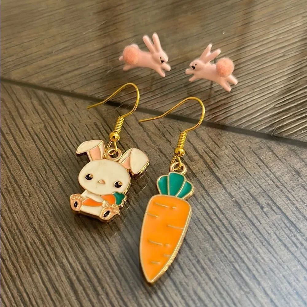 Pink Enamel Rabbit Stud Earrings & Dangle Enamel Earrings